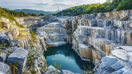 A scenic view of a stone quarry, revealing layers of rock and geological history.の素材