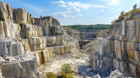 A scenic view of a stone quarry, revealing layers of rock and geological history.の素材