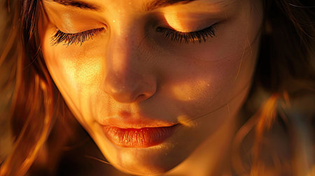 A serene image of a woman's face, softly lit and exuding tranquility.の素材