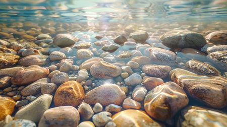 A serene riverbed filled with smooth, colorful pebbles, glistening under the sunlight.の素材