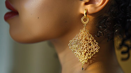 Beautifully designed gold filigree earrings hanging from a womanaes ear, emphasizing their intricate details and elegant lookの素材
