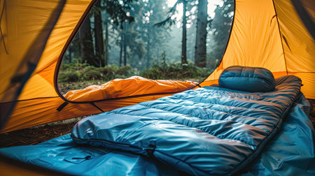 A sleeping bag and camping mat laid out inside a tent, ready for a night under the stars.の素材