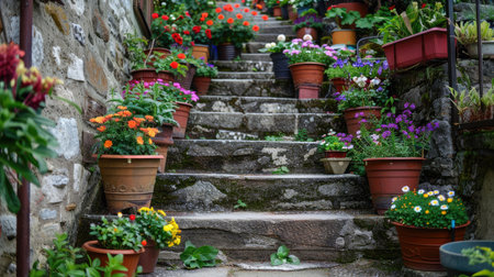 A stone staircase adorned with flower pots in various stages of bloom.の素材
