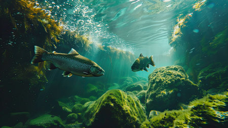A stunning underwater shot of salmon swimming in their natural habitat.の素材