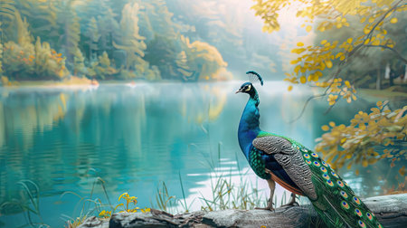 Beautiful peacock displaying its tail feathers in a serene lake setting, with the vibrant colors reflecting in the calm watersの素材
