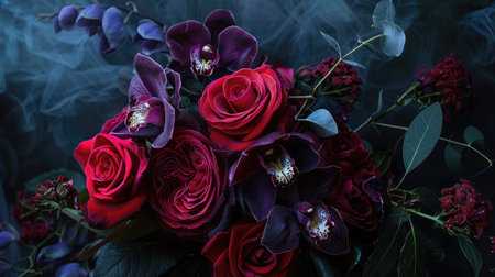 A sophisticated bouquet of dark red roses and deep purple orchids, set against a dramatic, dark background.の素材