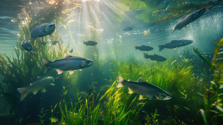 A stunning underwater shot of salmon swimming in their natural habitat.の素材