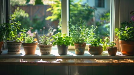 A sunny kitchen windowsill lined with flower pots containing fresh herbs and small flowers.の素材