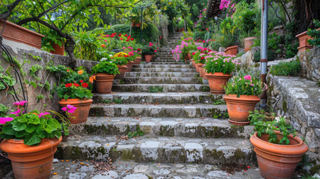 A stone staircase adorned with flower pots in various stages of bloom.の素材