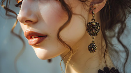 Beautifully designed vintage-inspired earrings hanging from a modelaes ear, showcasing their intricate details and classic lookの素材