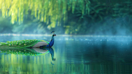 Beautiful peacock displaying its tail feathers in a serene lake setting, with the vibrant colors reflecting in the calm watersの素材