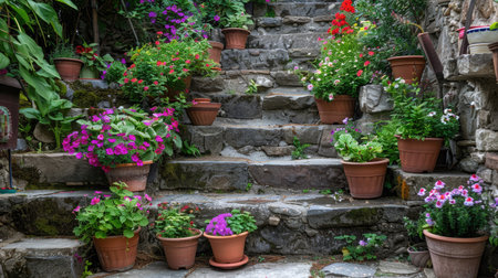 A stone staircase adorned with flower pots in various stages of bloom.の素材