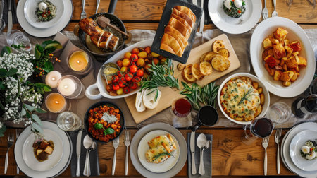 Casual dining table setup with a relaxed atmosphere, casual tableware, and a spread of comfort foods for a laid-back mealの素材