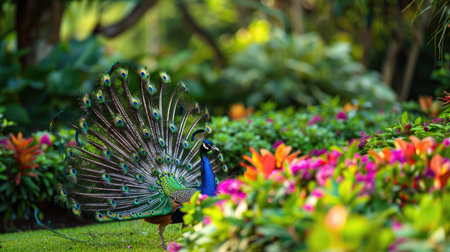 Beautiful peacock displaying its tail feathers in a garden setting, with a mix of colorful flowers and lush greenery enhancing the sceneの素材