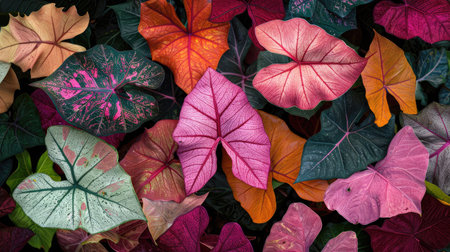 Caladium plants thriving in a shaded garden corner, their leaves creating a stunning mosaic of colors.の素材
