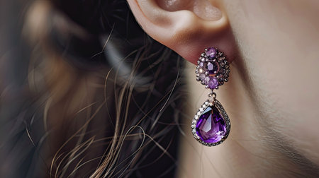 Close-up of a womanaes ear with beautiful amethyst drop earrings, focusing on the deep purple hue and detailed setting of the stonesの素材