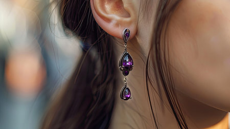 Close-up of a womanaes ear with beautiful amethyst drop earrings, focusing on the deep purple hue and detailed setting of the stonesの素材