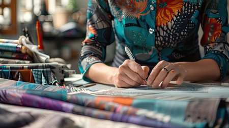 Close-up of a fashion designer sketching a new collection, surrounded by fabric swatches and sewing tools.の素材