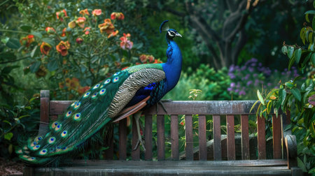 Beautiful peacock perched gracefully on a garden bench, with its colorful feathers spread out and adding a touch of elegance to the settingの素材