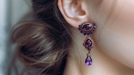 Close-up of a womanaes ear with beautiful amethyst drop earrings, focusing on the deep purple hue and detailed setting of the stonesの素材