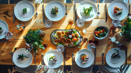 Chic dining table with modern, monochromatic decor, sleek lines, and a sophisticated arrangement of gourmet dishes and stylish tablewareの素材
