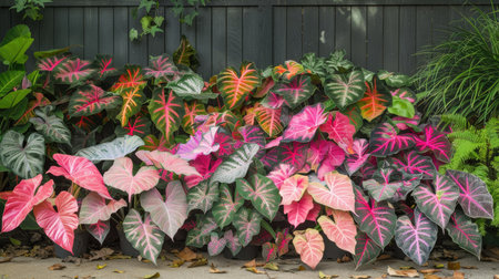 Caladium plants thriving in a shaded garden corner, their leaves creating a stunning mosaic of colors.の素材