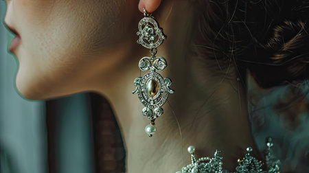 Beautifully designed vintage-inspired earrings hanging from a modelaes ear, showcasing their intricate details and classic lookの素材