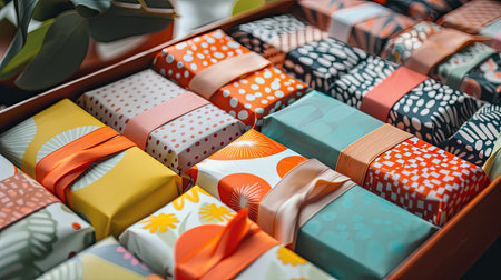 Beautifully wrapped candy bars with unique patterns, arranged in a decorative box. Ideal for gifting themes.の素材