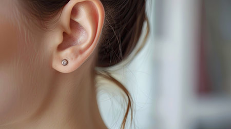 Chic ear adorned with delicate rose gold stud earrings, focusing on their understated elegance and subtle shineの素材
