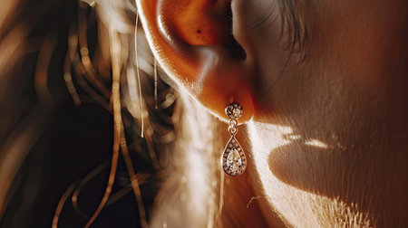 Close-up of a womanaes ear with elegant, modern drop earrings, capturing their sleek design and sophisticated beautyの素材