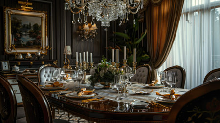 Classic dining table with a luxurious tablecloth, golden cutlery, and a crystal chandelier overhead, perfect for a formal dinnerの素材