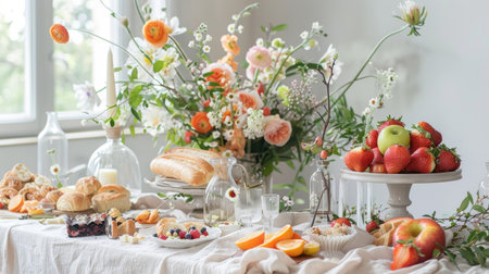Bright and airy dining table setup with a light, neutral tablecloth, fresh flowers, and a spread of fresh fruits and pastriesの素材