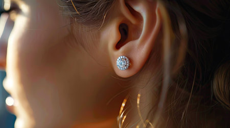 Close-up of a womanaes ear with luxurious diamond stud earrings, perfectly accentuating her evening wear in a softly lit settingの素材