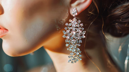 Close-up of a womanaes ear with glamorous chandelier earrings, highlighting the sparkling crystals and elegant designの素材