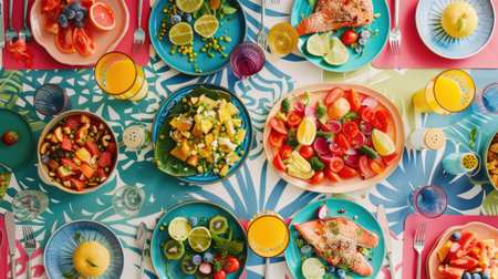 Family-friendly dining table with colorful placemats, playful tableware, and a spread of delicious dishes perfect for a casual gatheringの素材