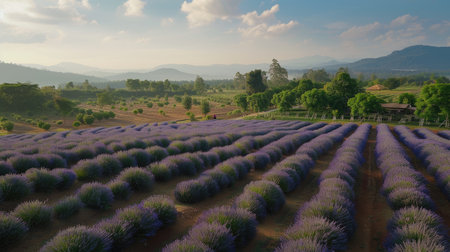 Khun Nai's lavender fields in full bloom, creating a serene and fragrant scene.の素材