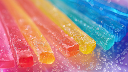 Close-up of rainbow-colored candy sticks arranged in a fan shape on a bright background.の素材