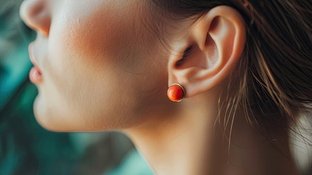 Close-up of a womanaes ear with vibrant coral stud earrings, showcasing their bold color and elegant design in a softly lit settingの素材