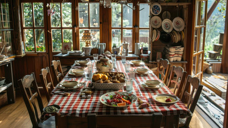 Country-style dining table with a checkered tablecloth, rustic wooden chairs, and a hearty spread of homemade dishes and dessertsの素材