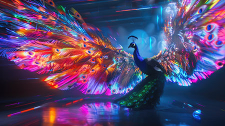 Dramatic shot of a peacock in mid-display, with its tail feathers fully extended and showcasing their brilliant iridescent colorsの素材