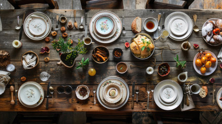 Farmhouse-style dining table with a rustic wooden finish, vintage crockery, and a spread of hearty home-cooked dishes and baked goodsの素材