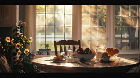 Cozy breakfast nook featuring a round dining table with vintage tableware, a fruit bowl, and a charming window viewの素材