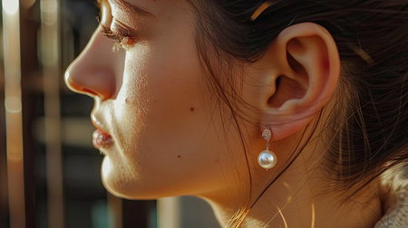 Elegant ear adorned with timeless pearl drop earrings, capturing their classic beauty and refined eleganceの素材