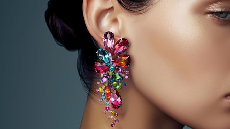 Elegant ear adorned with multi-colored gemstone earrings, capturing the vibrant colors and intricate setting against a clean backdropの素材