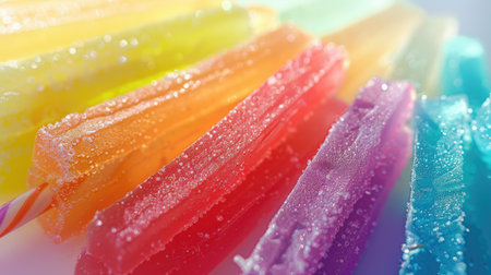 Close-up of rainbow-colored candy sticks arranged in a fan shape on a bright background.の素材