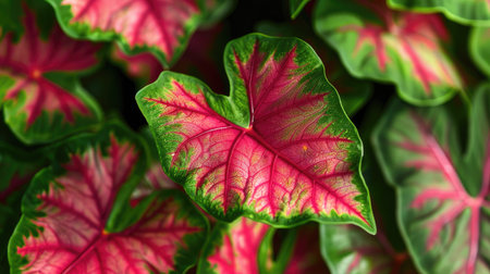 Close-up of Caladium leaves with striking red veins and green edges, creating a beautiful natural pattern.の素材
