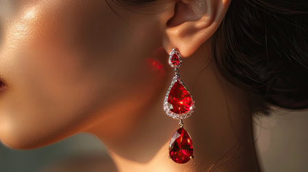 Elegant ear adorned with dazzling ruby drop earrings, showcasing their vibrant red color and luxurious design against a softly lit backdropの素材