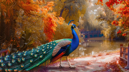 Elegant peacock walking along a picturesque pathway, with its colorful plumage adding a vibrant touch to the scenic surroundingsの素材