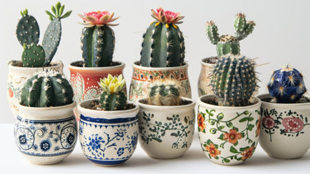 Decorative ceramic flower pots with intricate designs, each holding a different type of cactus.の素材