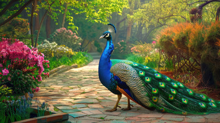 Elegant peacock walking along a stone pathway, with its feathers creating a colorful trail against the backdrop of a well-kept gardenの素材